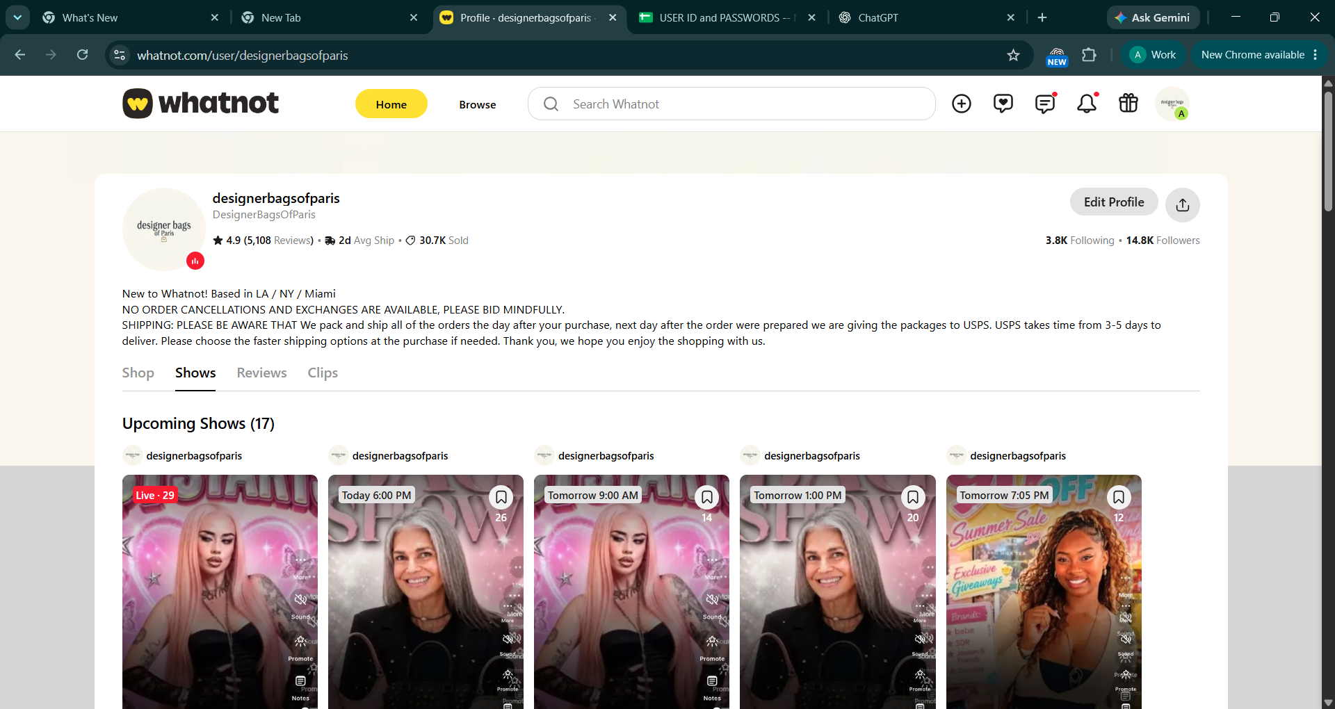 Designer Bags of Paris Whatnot profile showing 14.8K followers, 30.7K sold, a 4.9 rating, and 5,108 reviews